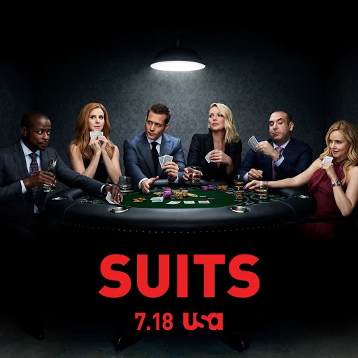 Promotional image for the TV show Suits features six adults around a poker table holding cards with the show's name prominently displayed.