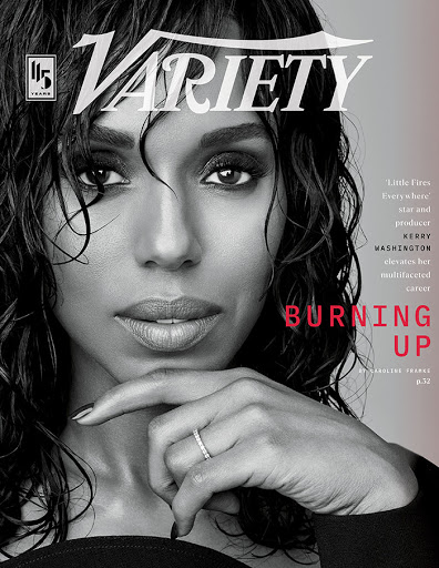 Close-up portrait of Kerry Washington on the cover of Variety Magazine, featuring wet, dark hair, a diamond ring, and text overlays.