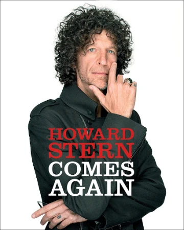 Portrait of Howard Stern on the cover of 'Comes Again,' wearing a black jacket against a white background with his hand to his face.