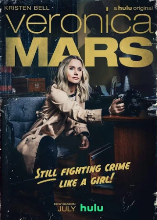 Movie poster featuring Kristen Bell as Veronica Mars, seated and holding a camera in an office setting, with the show's title prominently displayed.