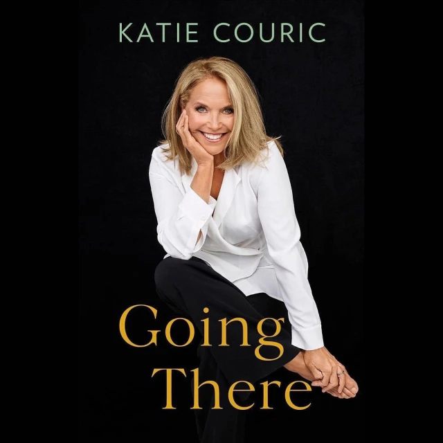 Portrait of Katie Couric against a black backdrop; book cover with gold text "Going There"; wearing a white blazer and black pants.