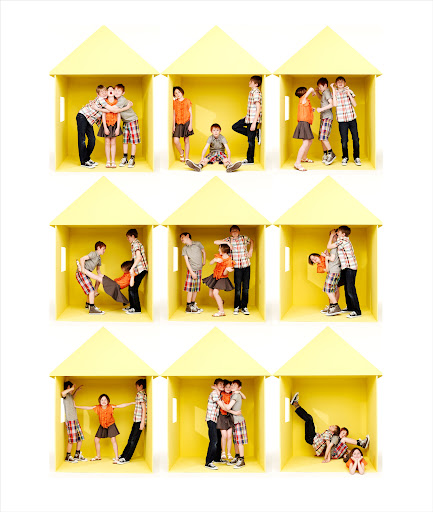 Nine images of two children in different poses inside yellow boxes resembling houses, set against a clean white background.
