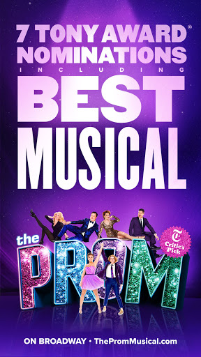 Theatre advertisement for 'The Prom' musical featuring 7 cast members in formal wear. The show's title is visible on the poster.