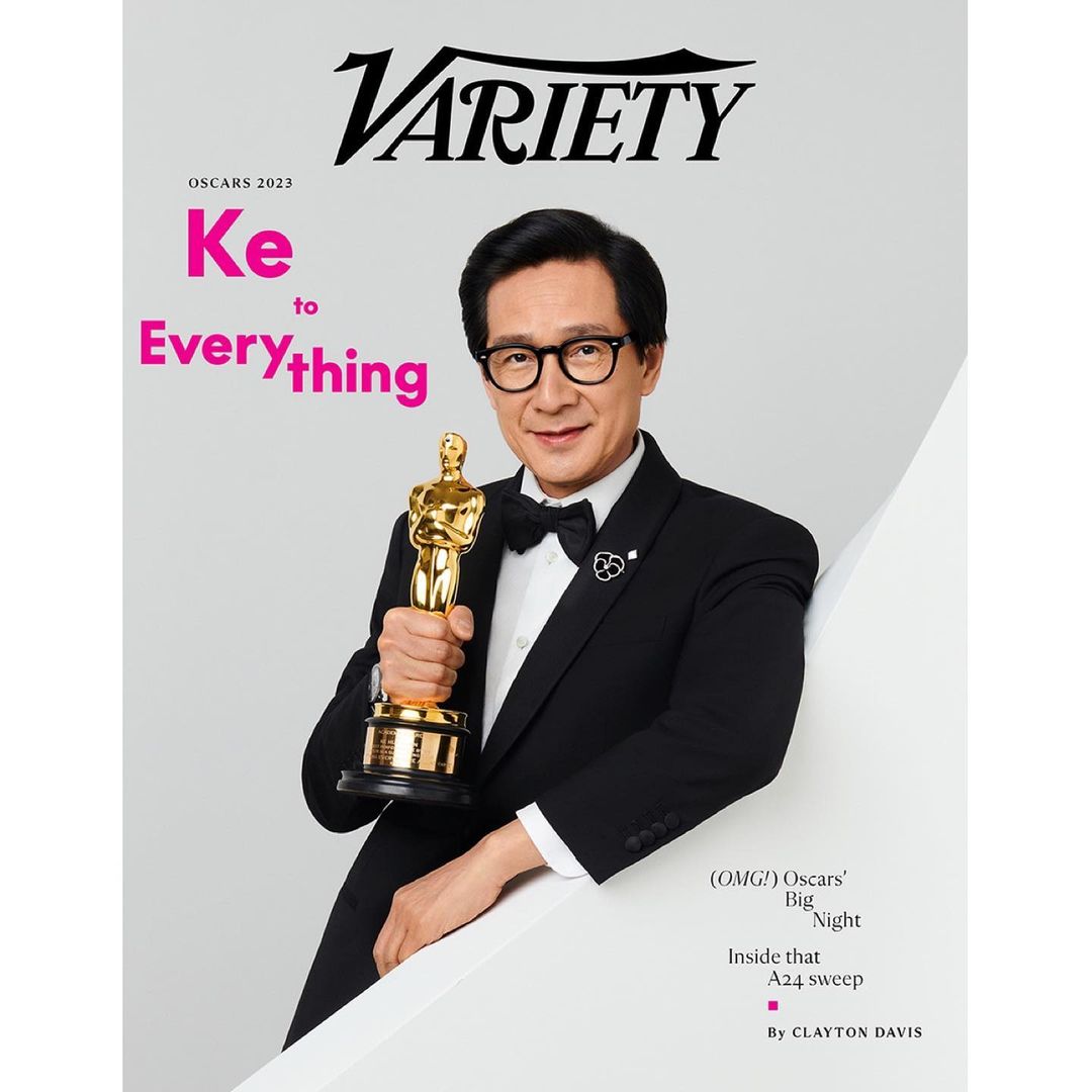 Variety magazine cover featuring an adult male in a tuxedo holding an Oscar award. The backdrop is a white geometric shape.