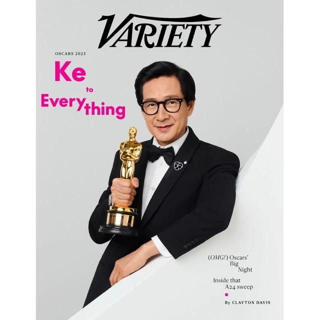 Variety magazine cover featuring an adult male in a tuxedo holding an Oscar award. The backdrop is a white geometric shape.