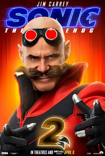 Movie poster featuring Jim Carrey as Dr. Robotnik from Sonic the Hedgehog 2, wearing goggles and a red and black outfit against a fiery background.