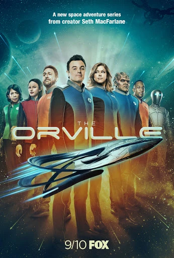 Promotional poster for 'The Orville: New Horizons' featuring the cast in Starfleet uniforms with a spaceship in a space environment.