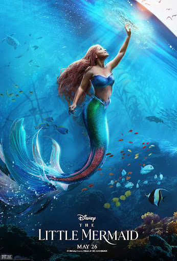 Movie poster for Disney's The Little Mermaid featuring Halle Bailey as Ariel reaching for the light in an underwater scene with marine life.