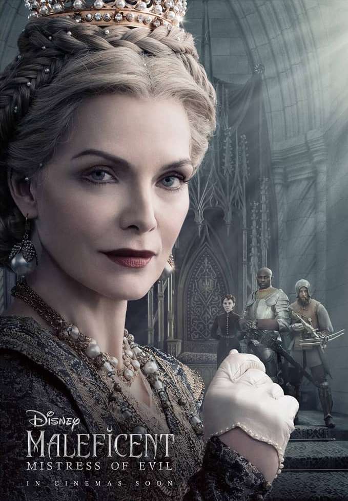 Michelle Pfeiffer as Queen Ingrith in the movie poster for Maleficent: Mistress of Evil, wearing a crown and bejeweled dress.