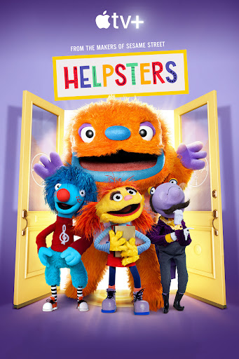Poster for the children's TV show Helpsters featuring four colorful, furry puppet characters standing in front of a doorway.