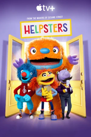 Poster for the children's TV show Helpsters featuring four colorful, furry puppet characters standing in front of a doorway.