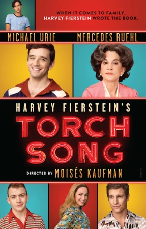 Movie poster for Harvey Fierstein's Torch Song featuring four actors. The Torch Song title is in red neon lettering.