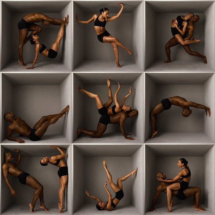 Dancers in black sportswear pose in geometric boxes, creating dynamic compositions in a modern, conceptual fitness and dance display.