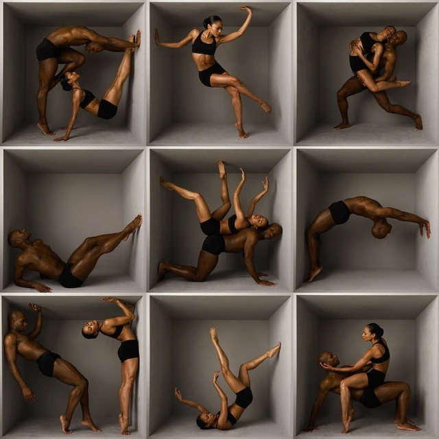 Dancers in black sportswear pose in geometric boxes, creating dynamic compositions in a modern, conceptual fitness and dance display.