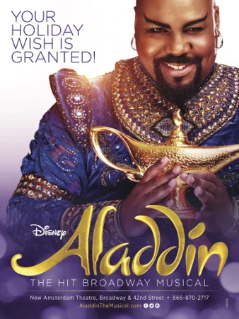 Promotional shot for Disney's Aladdin Broadway musical featuring a performer in costume holding a golden lamp. Holiday theme.