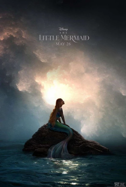 Movie poster for The Little Mermaid featuring a mermaid with long red hair sitting on a rock in the ocean during daytime.