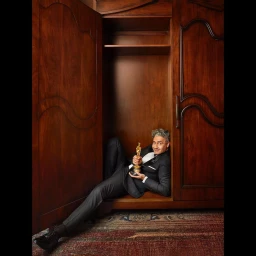 Man in black tuxedo holding an Oscar trophy while lying inside an open wooden armoire on a patterned rug