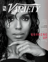 Close-up monochrome portrait of Kerry Washington with wet styled hair resting her chin on her hand, photographed by Andrew Eccles.