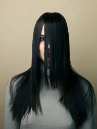 Portrait of a woman wearing a grey turtleneck with long black hair obscuring part of her face, photographed by Andrew Eccles.