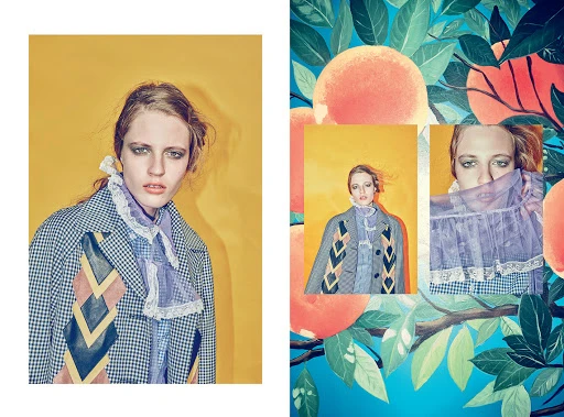 Editorial fashion shot of a young woman with elaborate makeup, wearing a blazer, against a yellow and peach patterned backdrop.