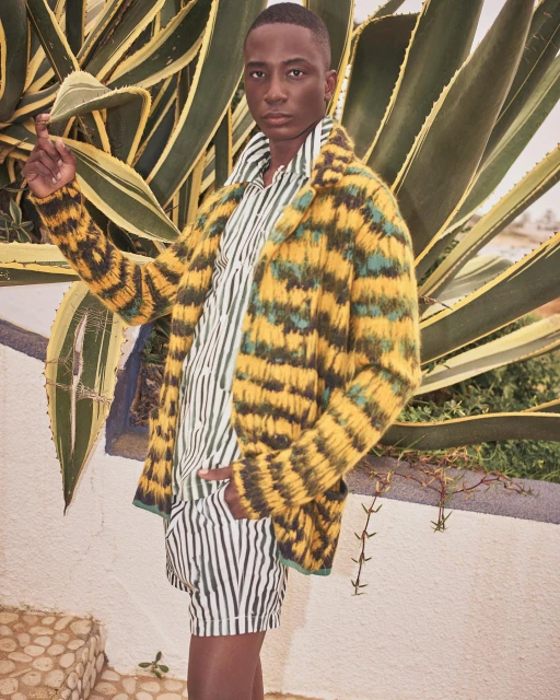 A fashionable adult Black male poses outdoors wearing a yellow patterned jacket, striped shirt and shorts, with a large agave plant behind.