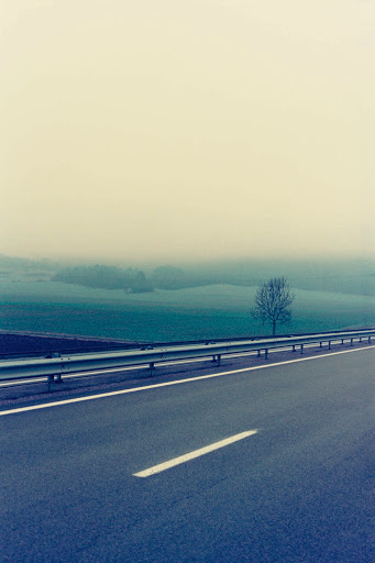 A long road stretches through a desolate landscape under a hazy sky, with a lone tree standing in the distance near a metal guardrail.