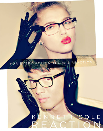 Fashion ad featuring a female model with red lipstick, wearing glasses and black gloves, and a male model also wearing glasses.