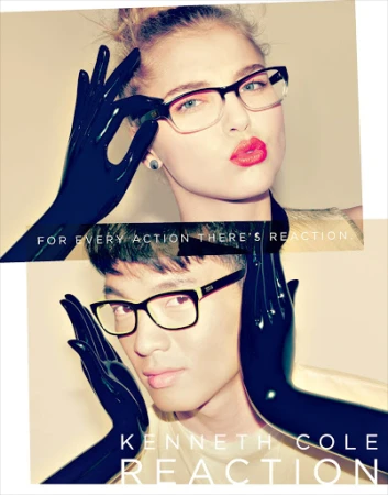 Fashion ad featuring a female model with red lipstick, wearing glasses and black gloves, and a male model also wearing glasses.