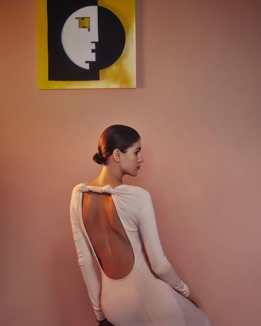 Back view of an adult woman in a light pink, open-back gown, posing in an indoor environment with modern art on the wall.