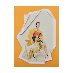 Mixed media paper collage featuring a portrait of a person merged with a large yellow and red flower against an orange background.