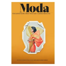 Magazine cover with large Moda masthead and an inner cutout revealing a woman in an orange sculptural top against a mustard background