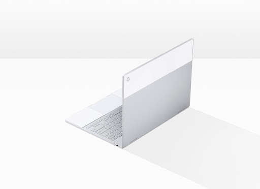 Sleek, partially opened, two-tone silver and white laptop on a white surface casting a light shadow, tech industry aesthetic.