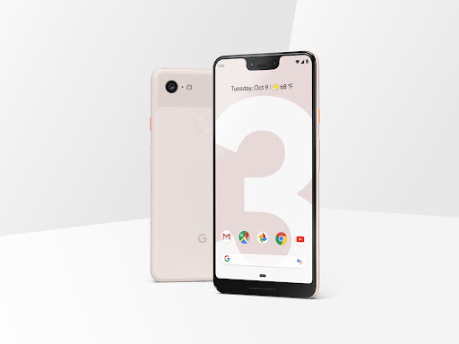 Two Google Pixel 3 smartphones in white. One is facing forward with its screen on, showing the home screen. Clean white background.