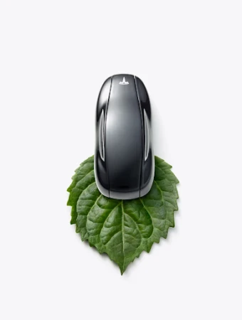 High-angle shot of a Tesla car model resting on a vibrant green leaf against a plain white background, showcasing automotive detail.