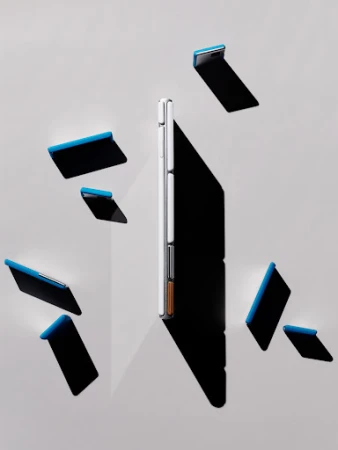 Modern smartphone displayed vertically with shadow and scattered covers on a light grey background creating a technology product still life.