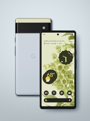 Two Google Pixel 6 phones in a studio shot with the home screen displayed on the front device, showing the time and weather.
