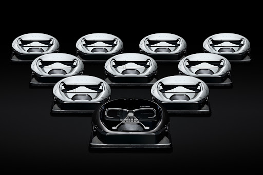 Collection of razor handles arranged in a triangular formation with black background. Star Wars-themed design with white and black colors.