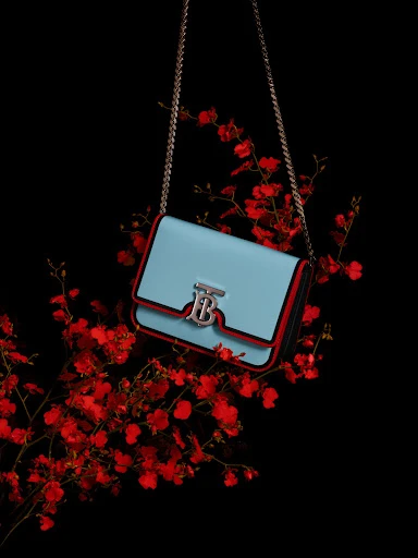 Fashion still life: light blue Burberry Lola bag with silver chain strap and logo set against red flowers and a black background.
