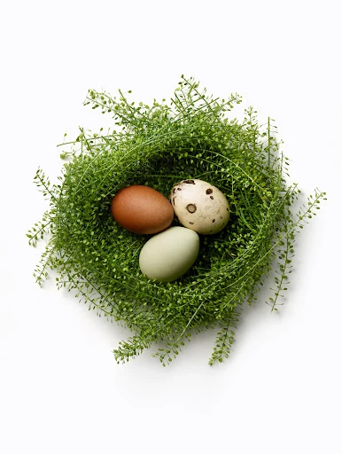 Three eggs of varying colors rest in a bird's nest made of delicate green plants, creating a natural and organic composition on white.