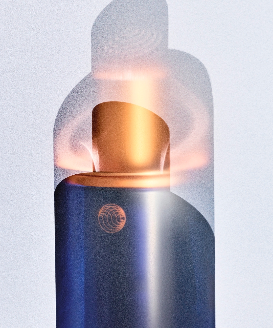 Abstract product shot of a blue and gold perfume bottle with vaporous cloud and light reflections on a white background.