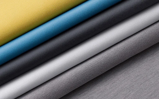 Close-up of a collection of colorful fabrics in shades of yellow, blue, grey, and light grey, stacked diagonally across the frame.