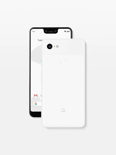 Two white Google Pixel 3A smartphones on a white background, one showing the front screen and the other showing the back panel.