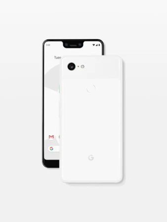 Two white Google Pixel 3A smartphones on a white background, one showing the front screen and the other showing the back panel.