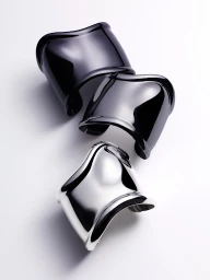 Three glossy metallic cuff bracelets stacked diagonally against a bright white background