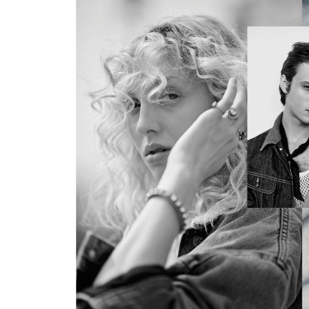 Black and white portrait of a blonde woman with curly hair touching her face next to a smaller photo of a man