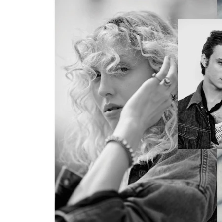 Black and white portrait of a blonde woman with curly hair touching her face next to a smaller photo of a man