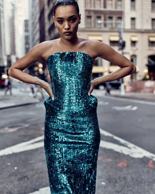 Woman poses on city street in a teal sequin strapless dress. Tall buildings and street traffic in the background. Fashion editorial.