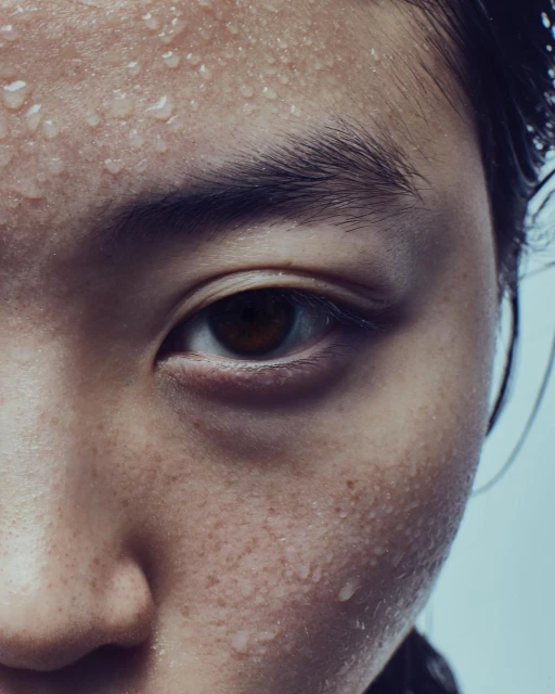 Close-up studio shot of an adult with dark hair and freckled skin, drops of moisture on forehead, eye-level view, cool tones.