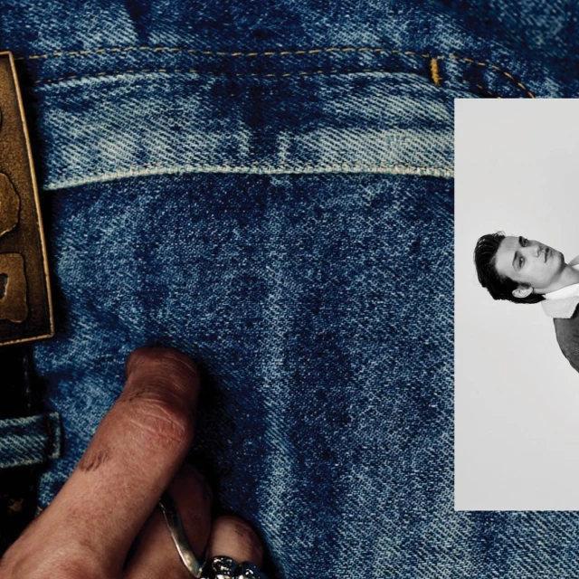 Denim jeans background with vintage belt buckle, finger with rings, and adjacent black and white photograph of a young adult male.