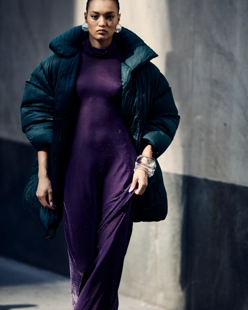 Elegant adult female fashion model poses in a long sleeve fitted purple dress and dark teal puffer jacket in a brightly lit urban setting.